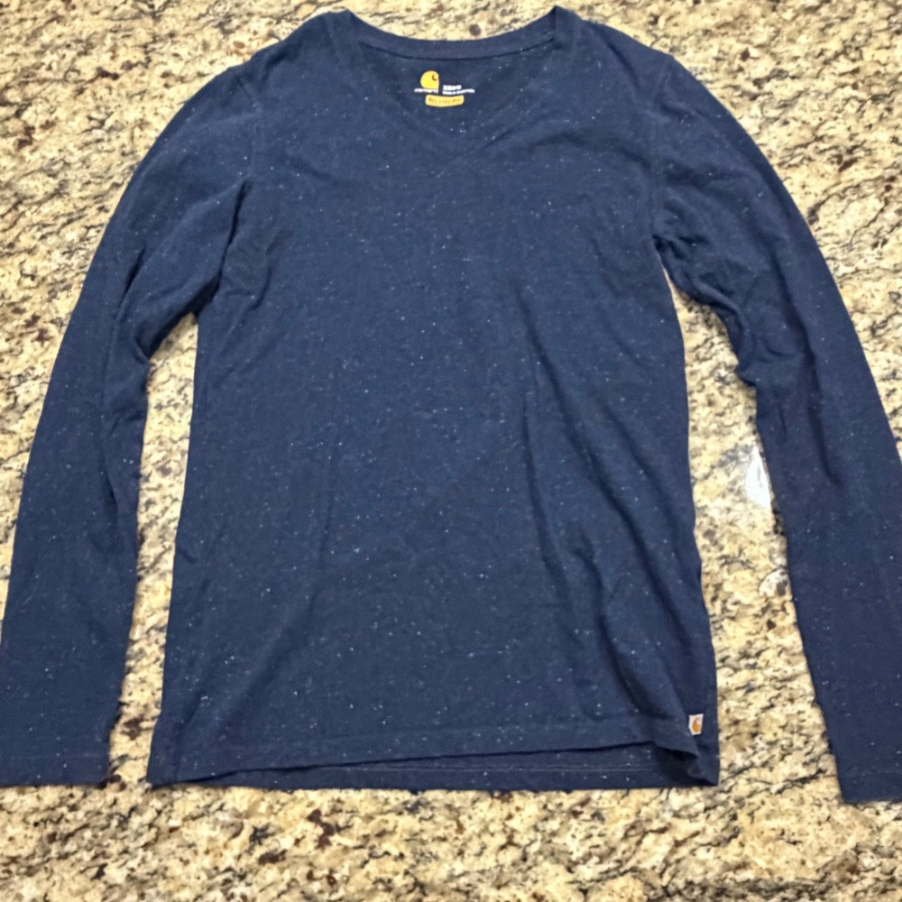 Carhartt Womens Navy Blue Speckled Nep V-Neck Long Sleeve T-Shirt Relaxed Fit XS